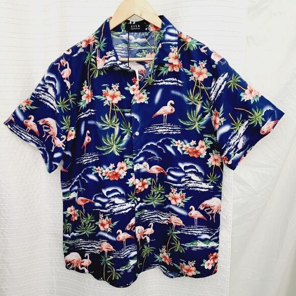 NWT  SSLR Men's Hawaiian Shirt Aloha Flamingos Palms Tropical Blue Pink Size L - Picture 1 of 6